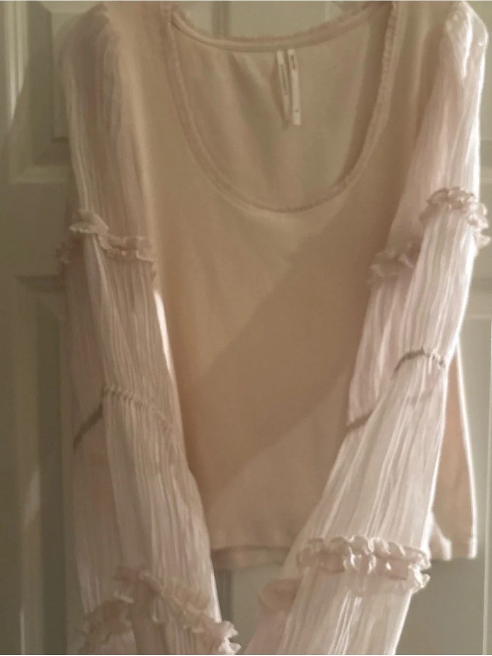 Anthropologie Cream Sheer-Puff Long-Sleeve Scoop Top